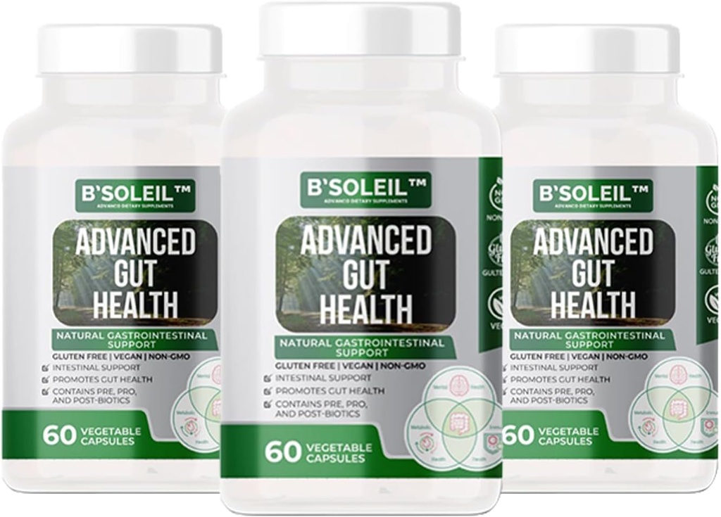 B 'Soleil ™ Pack of 3 Advanced Gut Health Progories - Pre, Pro & Post Biotics - Natural Gastrointestinal Dukungan - Gluten Free, Vegan & Non- GMO - 25 Milyar CFU - 60 Capsules in Every Pack
