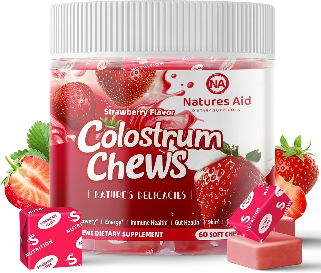 Colostrum Chews Supplement with progterdapat for Gut Health, Bloating, Imune Dupport, Skin, Hair Growth and Beauty - Strawberry Flavor (60 Servings)