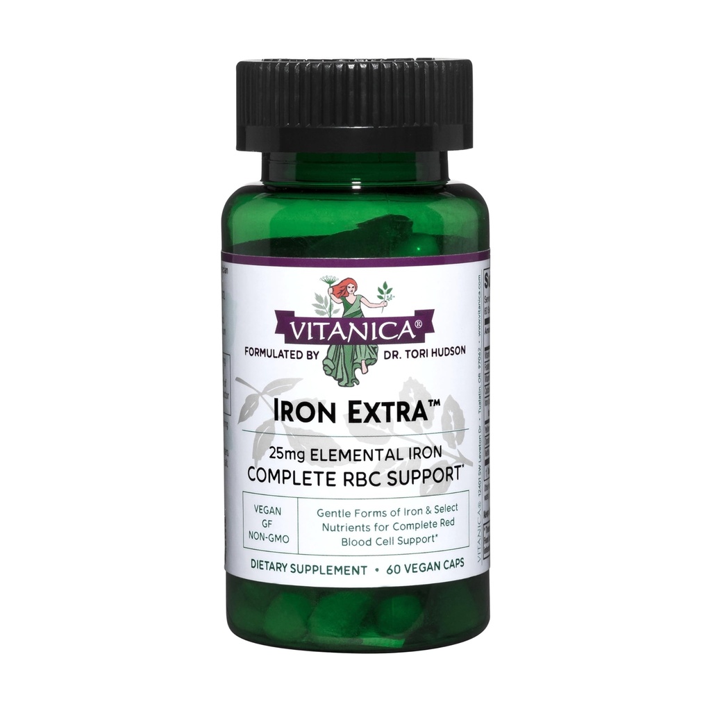 Vitanica Iron Extra, Iron Suplement Enhanced Absorpsi dengan Vitamin C 500mg, Methylfogate 400mcg, B12 Vitamin 500mcg, Calcium, Yellow Dock, Dandelion Root & Nettle Leaf Extract, Vegan, 60 Capsules