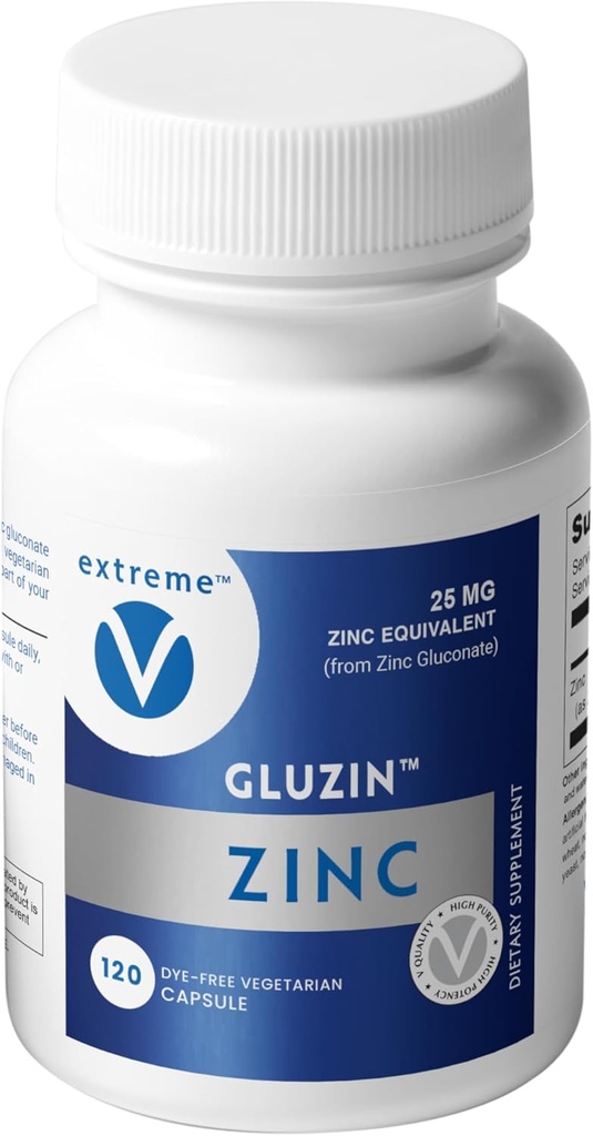 Gluzin Zinc Gluconate 25 mg 124; Imune & Enzyme Support - Vegan Friendly (120 Vegetarian Capsules)