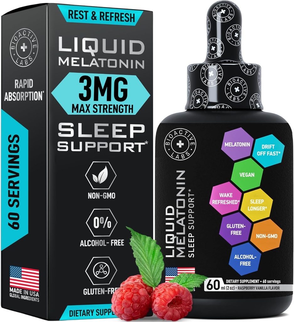 Liquid Melonatin untuk Dewasa dan Anak-anak - 3mg Ekstra Kekuatan Cair Sublingual Melonalin untuk Anak-anak dan Dewasa - Tidur Cepat Lipomal Drops - Alami Raspberry Flavor Tidur - 60ml