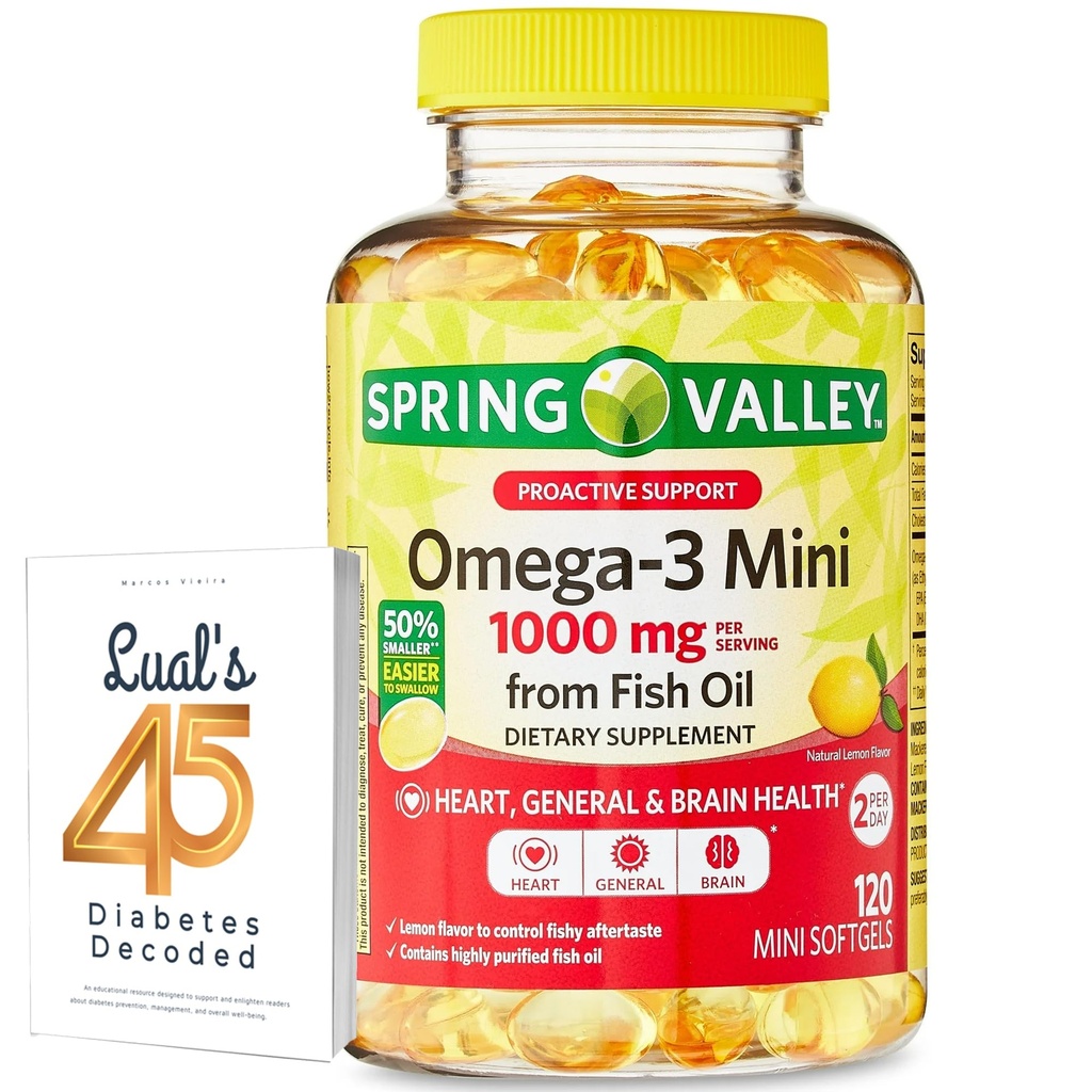 Spring Valley Omega- 3 Mini dari 1000 Minyak Ikan mg, 120 Count, Dietary Sufflement, Omega 3 Mini Softgels Bundle dengan 45 Diabetes Luall Decoded