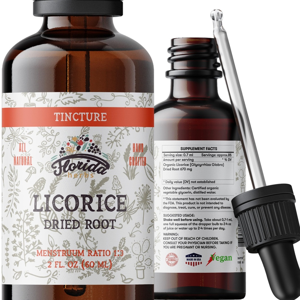 Licorice Tincture, Organic Licorice Extract (Glycyrrhiza Glabra) Root Kering, Herbal Suplemen, Non-GMO di Cold- Press Organik Glycerin 2 oz, 670 mg