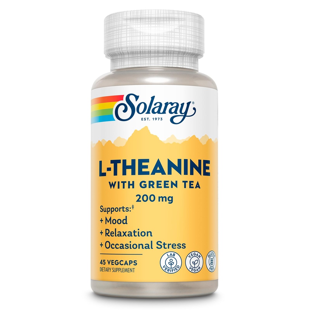 SOLARAY L-Theanine 200mg with Green Tea - Healthy Mood, Relaxation and Occational Stress Support - Lab Verified, Vegan, Gluten Free - 45 quisings, 45 veaccaps