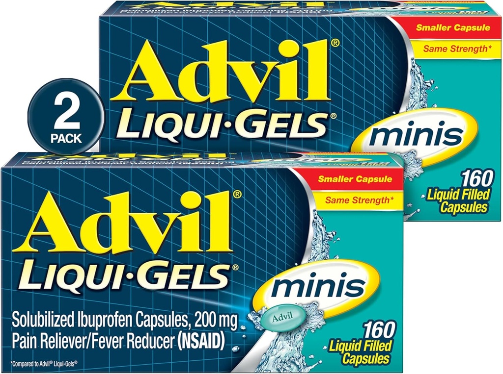 Advil Liqui- Gels minis Pain Reliever and Fever Reducer, Suin Medicine for Adults with Ibuprofen 200mg for Pain Relief - 2x160 Liquid Filled Capsules