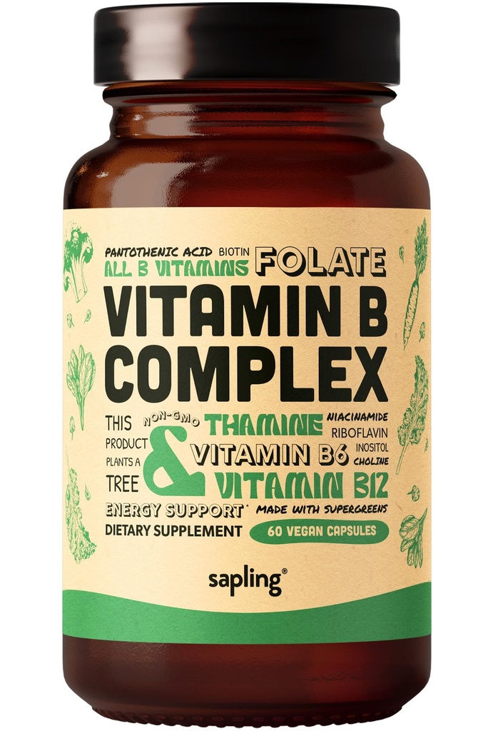 sapling Vegan Vitamin B Kompleks - Whole Food B1 Whole B Vitamin B1, B2, B3, B5, B6, B7, Flolate, B12- 60 Caps