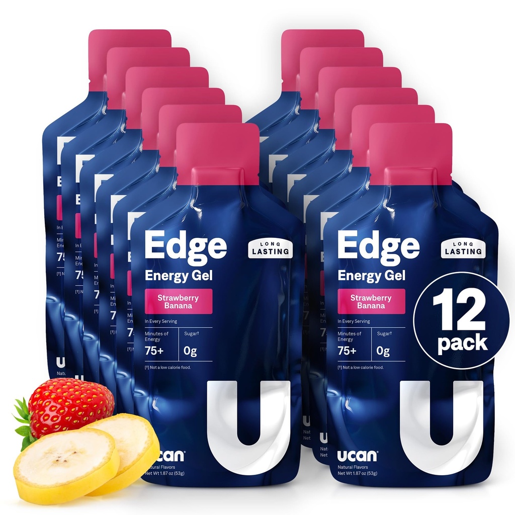 UCAN Edge Energy Gel Shots, Strawberry Banana (12, 2 Ounce Packets) for Running, Training, Workout, Fitness, Cycling, Crossfit 124- Free, Vegan, & Keto Friendly Energy