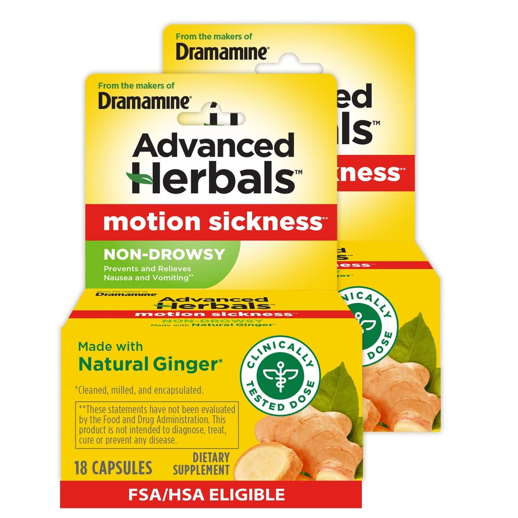 Dari Makers of Dramamine, Advanced Herbals, Non-Drowsy, Motion Sickness Relief, Dibuat dengan Natural Ginger, 18 Count, 2 Pack