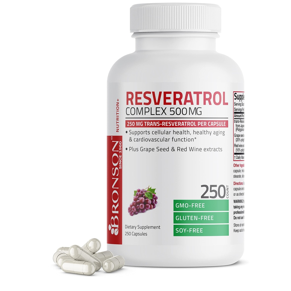 Bronson Resveratrol 500 Kompleks Standardisasi Transder-Resveratrol + Grape Benih & Red Extract, 250 Capsules
