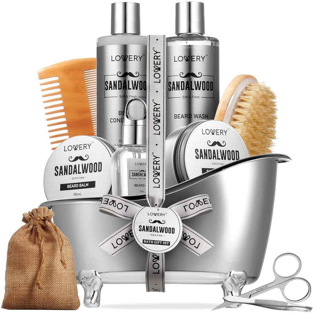 Hadiah Mens, Sandalwood Membentuk Beard Kit, Mens Membentuk Kit untuk Pacar Ayah, Dia, 11pc Beard Straightener untuk Pria Beard Care, Beard Growth and Trimming Gift, Beard Wash Growth Oil & More