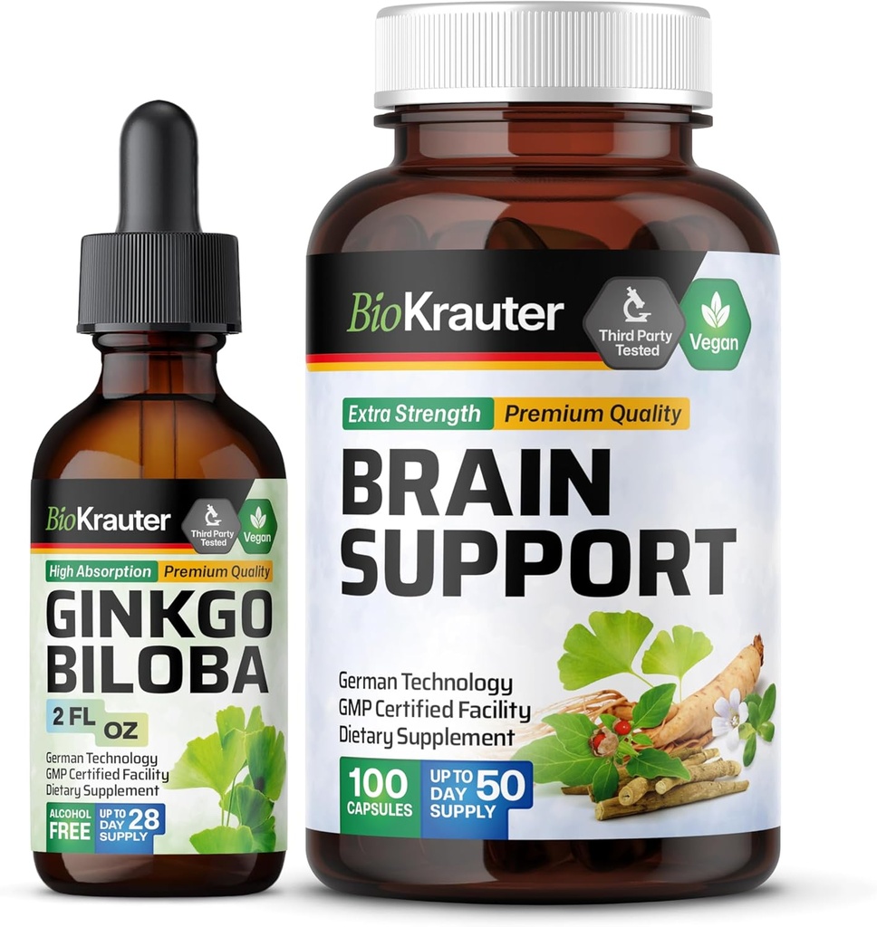 BIO KRAUTER Ginkgo Biloba Ticture 2 Fl Oz. & Otak Mendukung 100 Kapsul