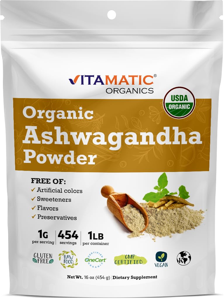 Vitamatic Cerdened USDA Organic Ashwagandha powder - 1 lb (16 oz) Dengan dana Somnifera 124; Adaptogen Ayurvedic untuk Stress Relief, Energy, Mood & Imune Support