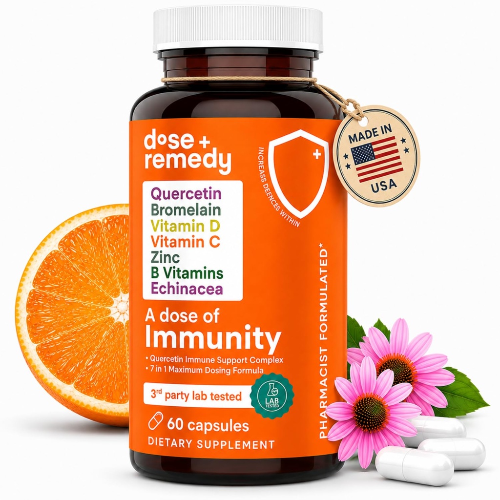 Sebuah Dose of Immunity Quercetin dengan Vitamin C dan Zinc, Vitamin D, 500mg Quercetin Bromelain dengan Echinacea & B Vitamin, Lung Imune Support 7 dalam 1 Immunity Defense Booster (60 Count)