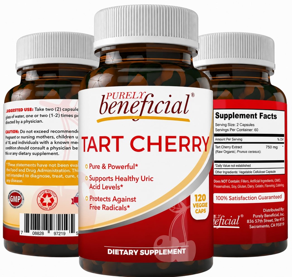 Tart Cherry Capsules yang menguntungkan, Ekstra Kekuatan Montmorency Tart Cherry Extract, Uric Acid Flush untuk Comfort Gabungan, Antioksidant & Imune Dukungan, Non-GMO, Gluten Free, 120 Count