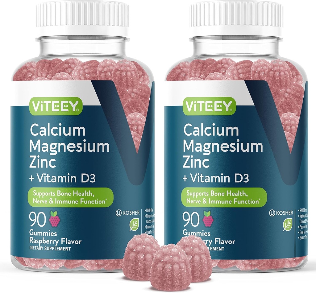 Viteey Calcium Magnesium Zinc Gummies dengan Vitamin D3 - Support Bone Health, Nerve & Imune Fungsi - Calcium Magnesium Zinc D3 untuk Dewasa & Teens - GMO Bebas - Chewable Raspberry Flavored Gummy