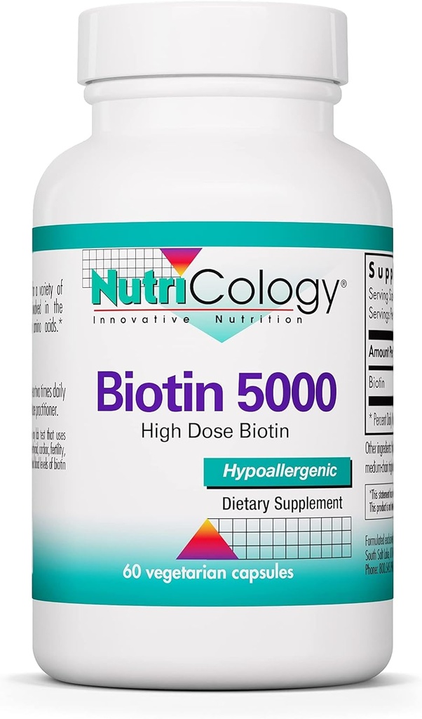 Nutricology Biotin 5000 Tambahan - 5000mcg Biotin, Vitamin for Hair, Skin and Nails, High Dose, Vegetarian Capsules, hypoallergenic, Gluten Free - 60 Count