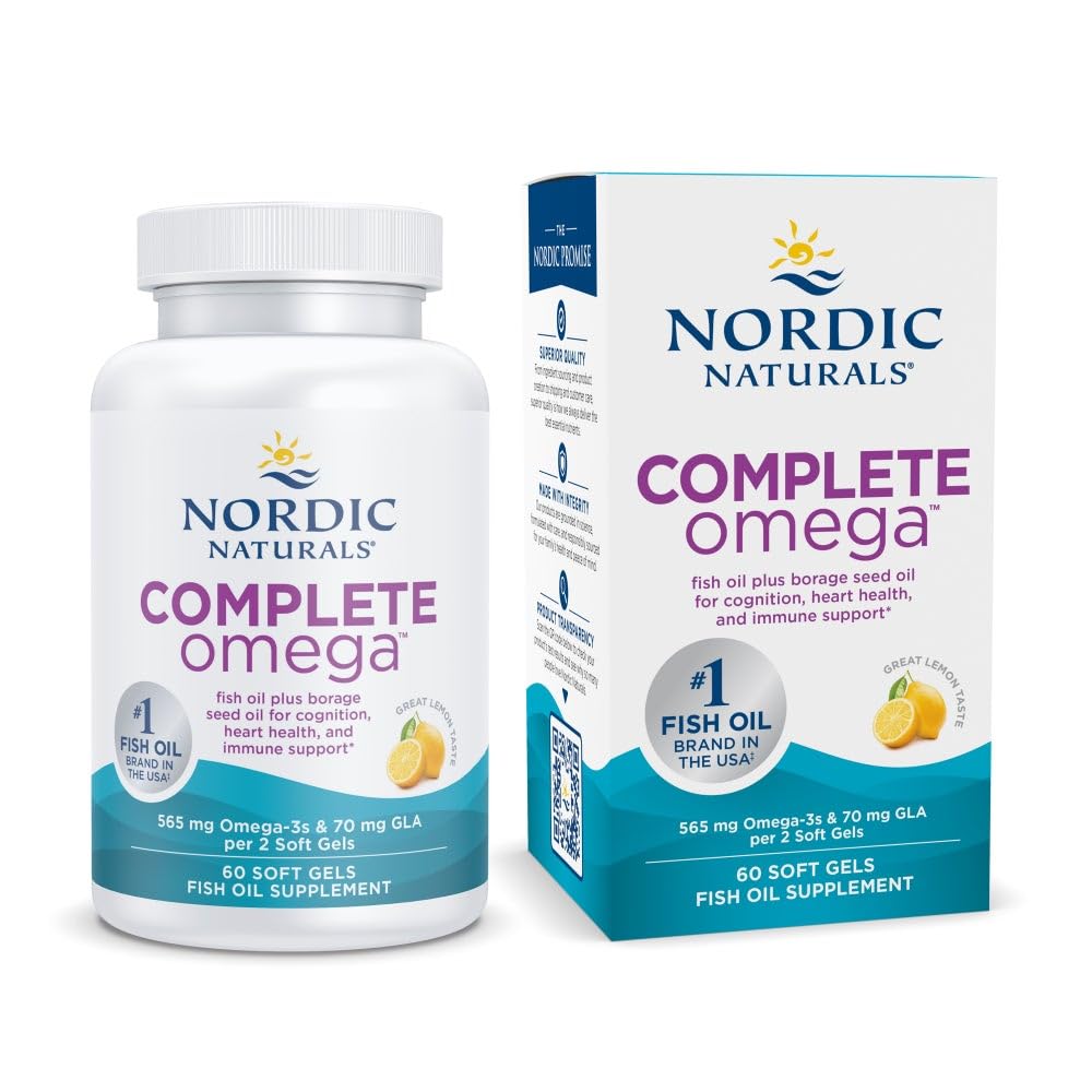 Nordic Complete Omega, Lemon Flavor - 60 Soft Gels - 565 mg Omega-3 - EPA & DHA dengan Added GLA - Sehat Skin, Cognition, Positive Mood - Non-GMO - 30 Servings