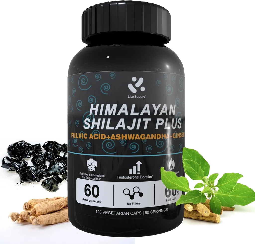 Shilajit Himalaya Suplemen 60% Fulvic Acid, 120 Vegan Capsules Suply dengan Pure Natural Shilajit, Ashwagandha, Ginseng Extract - Tinggi dalam Trace Minestrals for Men Energy Support