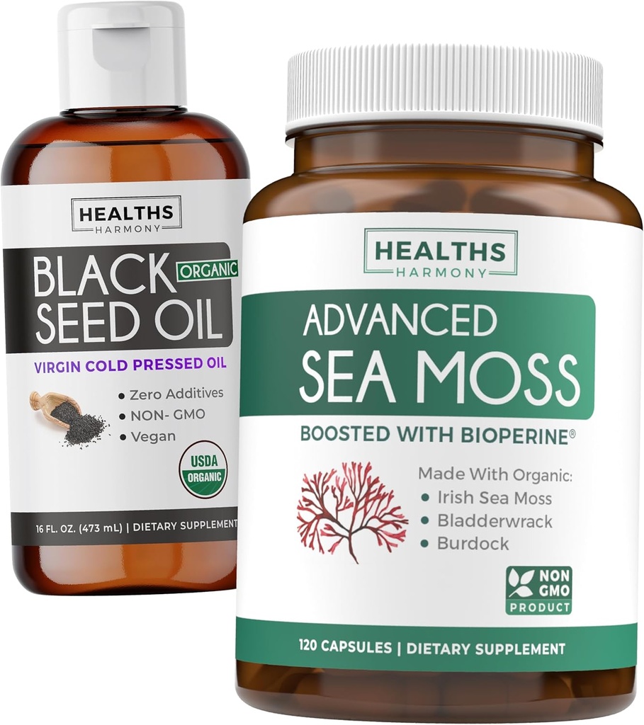 Liquid Benih Hitam & Moss Laut (2- Bulan Suply) Bundle Fusil Laut & Benih Hitam - Cairan Minyak Benih Hitam (16f.oz) Premium Cold- Pressed Clack Cumin Minyak Benih & Organik Es Laut Irlandia dengan BioPerine - Vegan