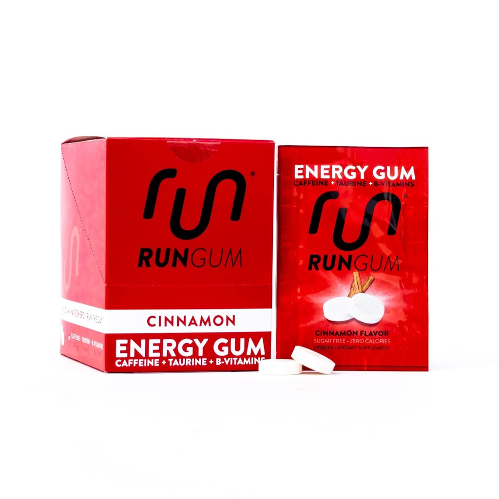 Gum Energi Cinnamon RUN GUM 50mg Caffeine Taurine & B-Vitamin Per Piece, 24 Pieces (Paket 12), 2 Pieces = 1 Coffee or Energy Drink, Sugar Free, Zero Calorie
