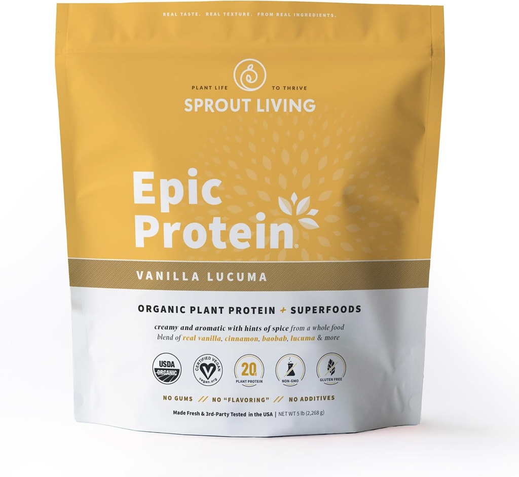 Sprout Living Epic Protein, Tanaman berbasis Protein & SuperFoods Powder, Vanilla Lucuma Powder 12.4; 20 Grams Powder Organik, Vegan, Non Dairy, Non- GMO, Gluten Free, Low Sugar (5 Pound, 60 Servis)