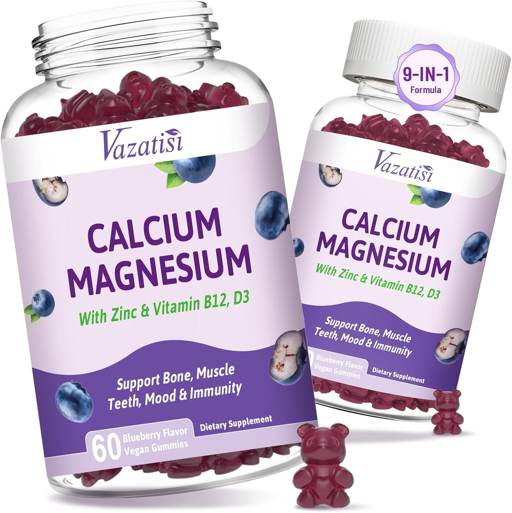 2 Pack Calcium Magnesium Zinc Gummies dengan Vitamin D3 & B12, Suplemen Bebas Gula untuk Pria Perempuan, Vegan Blueberry Flavor