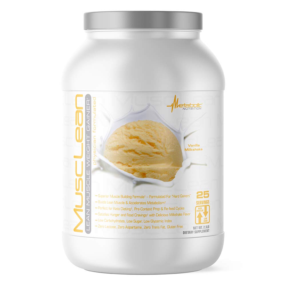 Penggantian Metabolik - Musclean - Milkshake Weight Gainer, Whey High Protein Meal Replacement, Maintenance Nutrition, Low Carb, Keto Diet, Digevive Enzymes, Vanilla, 2,5 Pound (25 ser)
