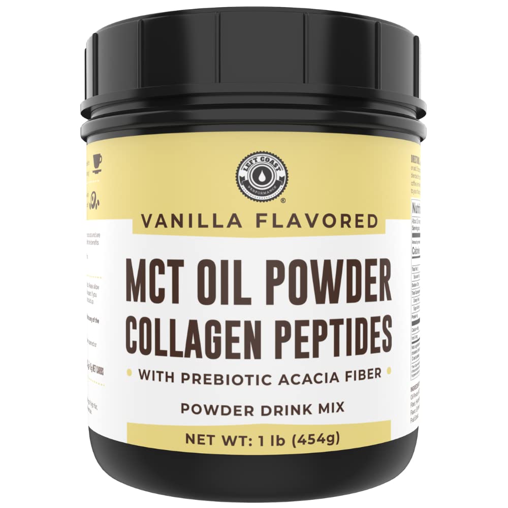 Muto MCT Oil Powder + Collagen + Prebiotic Acacia Fiber, Vanilla Flavor, 16oz. Grass Fed Collagen, Perfect for Keto, 0 Net Carb, Stevia, Erythritol, Powdered Drink