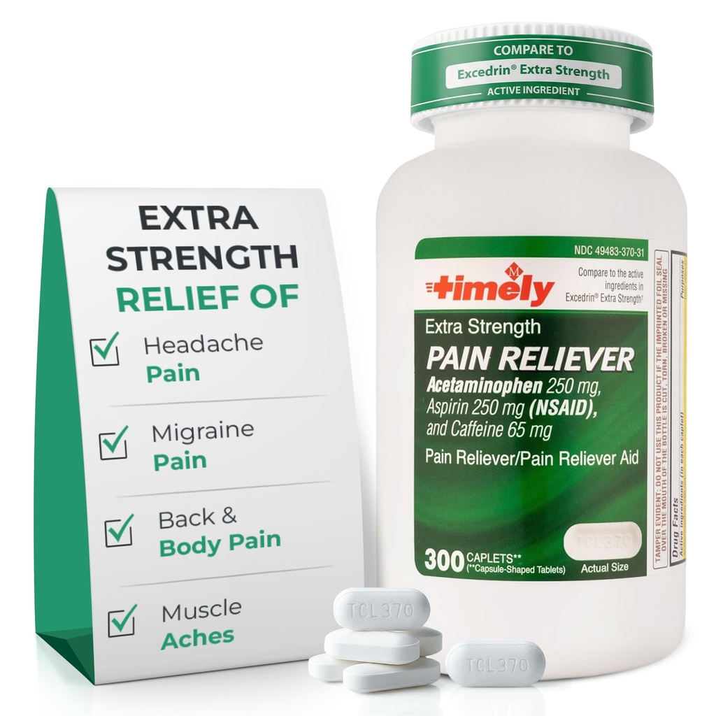 TIME- CAP LABS, INC. TimetExtra Strength Headache Relief - Acetaminophen with Aspirin & Caffeine (300 Caplets) - Headlache, Migraine & Back and Body Pain & Muscle Aches - Extra Kekuatan - Dibuat di USA