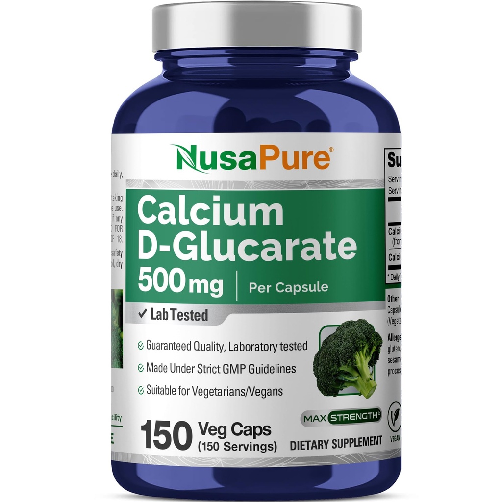 NusaPure Calcium D-Glucarate 500 mg 150 Veggie Caps, Vegan, Non-GMO, Gluten- Bebas