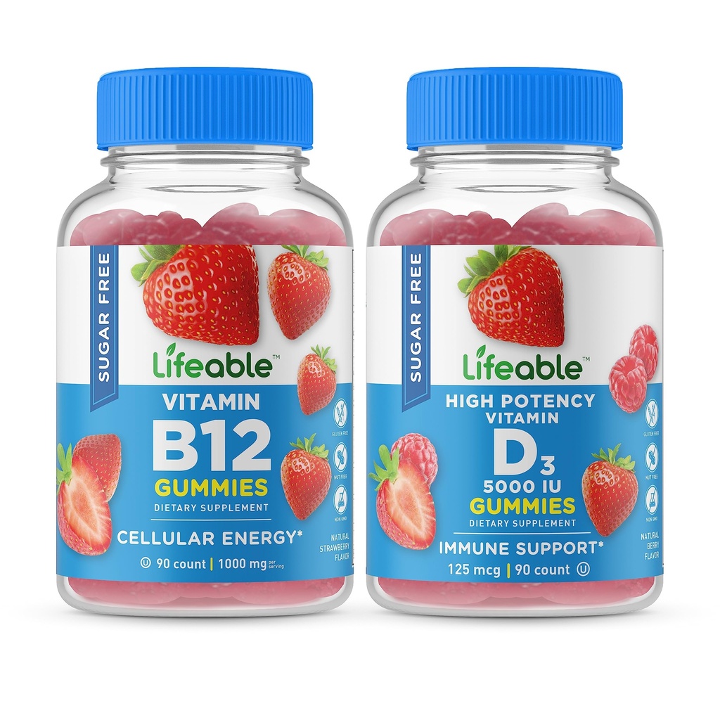 Lifeable Sugar Free Vitamin B12 + Vitamin D 5000 IU, Gummies Bundle - Tasting Great, Vitamin Suplemen, Gluten Free, GMO Bebas, Gummy Chewable