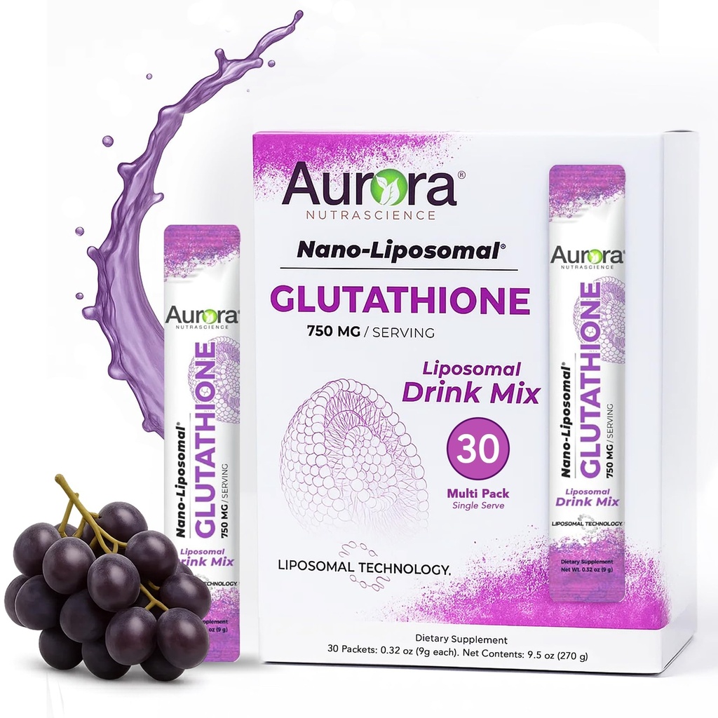 Aurora Nutrasains Nano- Lipomal Glutathione, Glutathione Grape Drum Mix Ammune & Antioksidant Kesehatan Dukungan Gut Suplemen, 750 mg per Serving, Non- GMO, Sugar- Free, 30 Paket Jasa Tunggal