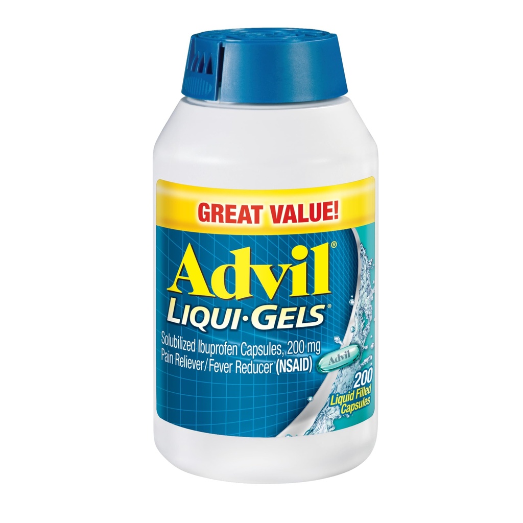 Advil Liqui- Gels Pain Reliever and Fever Reducer, Pain Medicine for Adults with Ibuprofen 200mg for Headache, Bacache, Menstrual Pain and Joint Pain Relief - 200 Liquid Filed Capsules