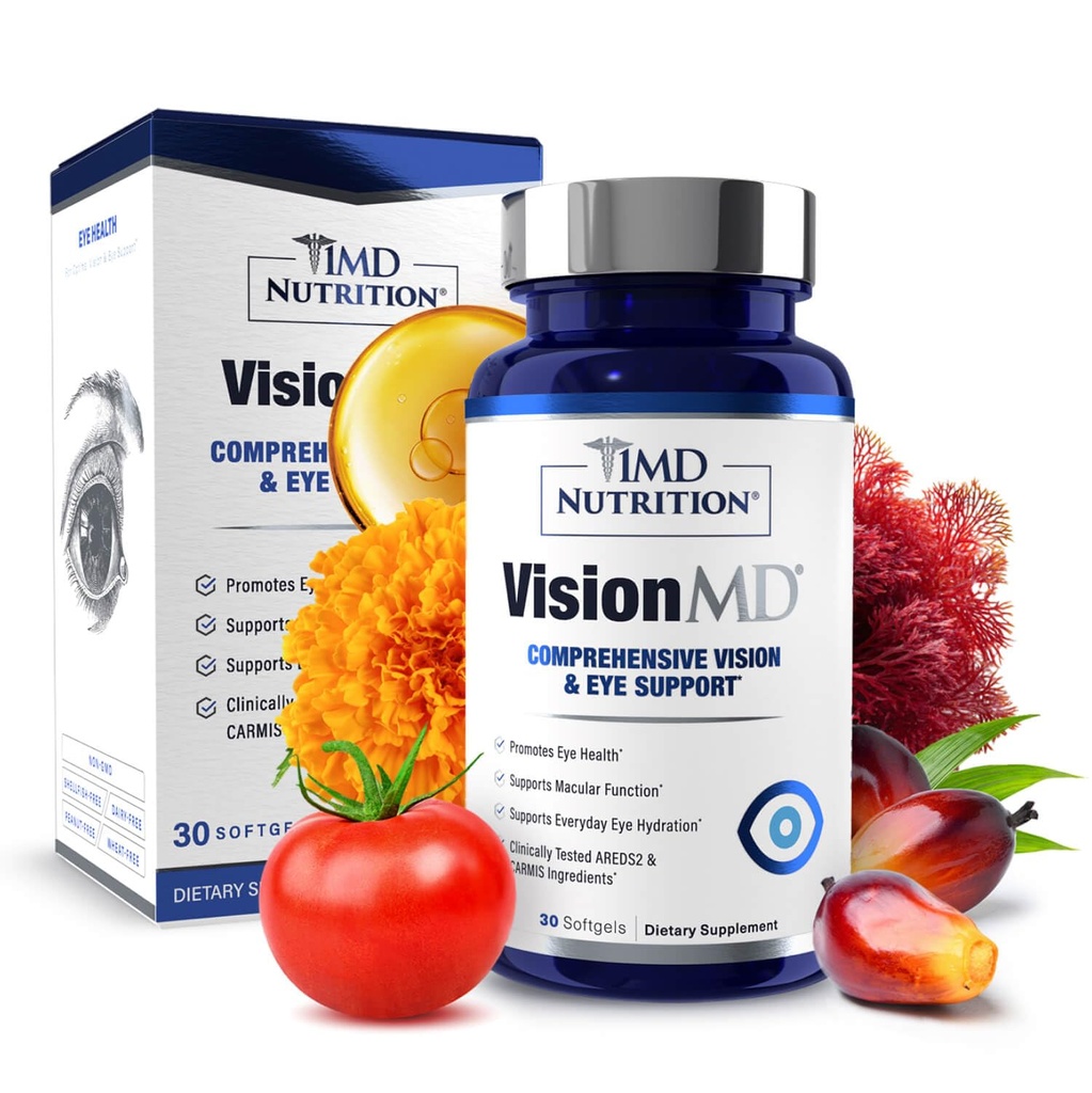 1MD Nutrition VisionMD Eye Vitamin CARMIS - Persediaan Mata untuk Orang Dewasa - dengan OptiLot Lutein & Asanxanthin - Mendukung Kesehatan Vision Care, Seharian Eye Strain, & Pekerjaan Mata Kering - 30 Softgeels