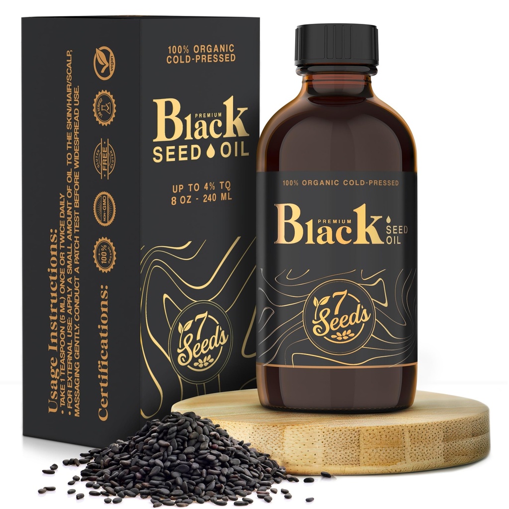 7 Benih Dingin Menekan Minyak Benih Hitam - 240 ml Dingin Menekan Nigella Sativa Liquid untuk Dukungan Imune, Dukungan Inflamation, Gangguan, Rambut & Skin (8 Fl Oz)
