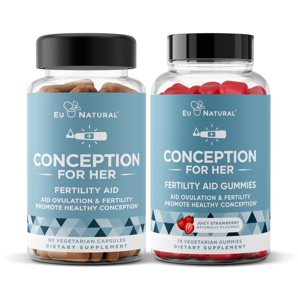 Eu Conception Natural Conception for Her Capsules & Gudle - Aids Ovulasi, Hormonal Saldo, & Regular Siklus - 60 Capsules + 75 Strawberry Flavor Gummies