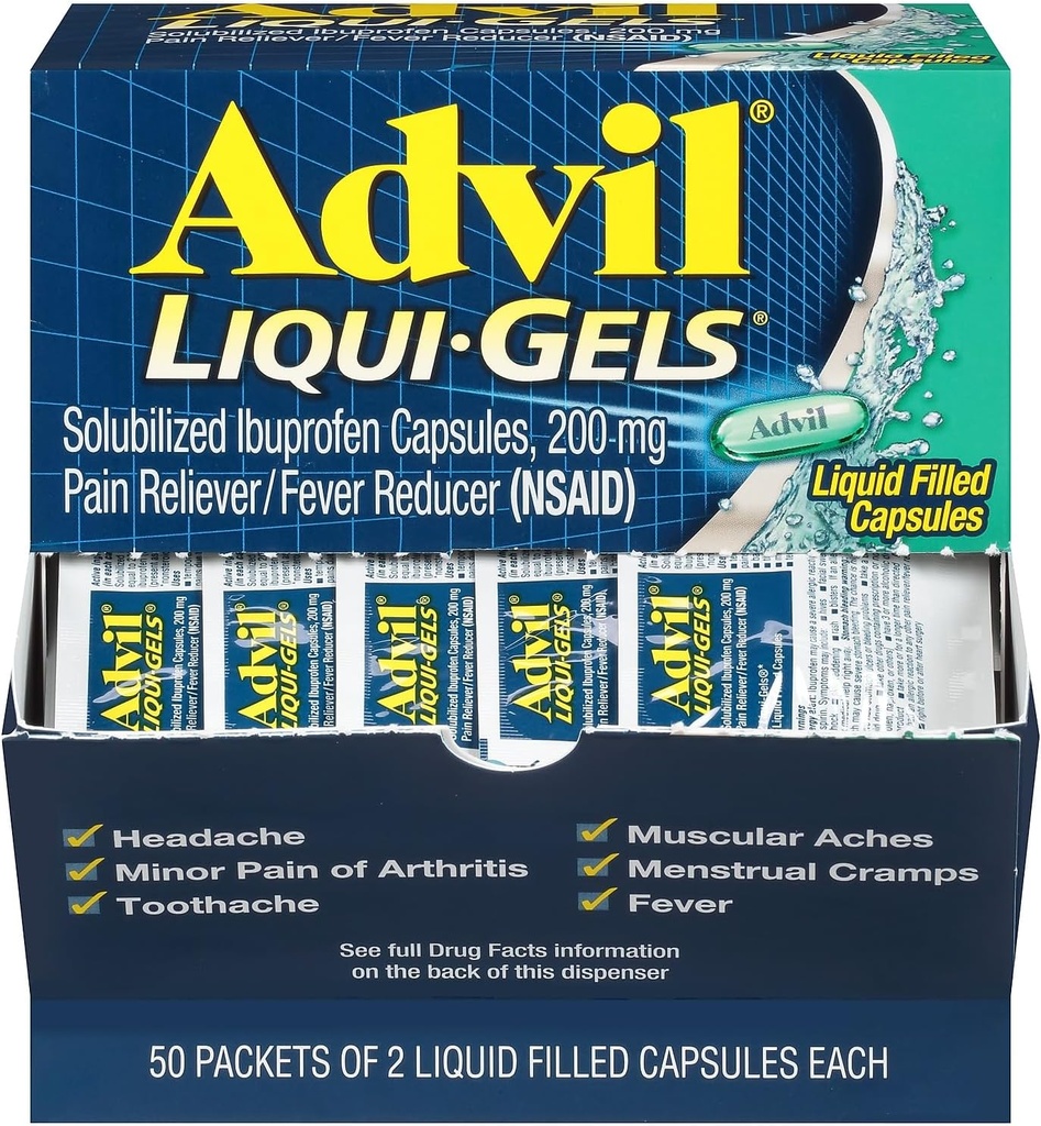 Advil Liqui- Gels Pain Reliever / Fever Reducer, Solubilized Ibuprofen 200mg, 2 / Packet, 50 Paket / Box (016902)