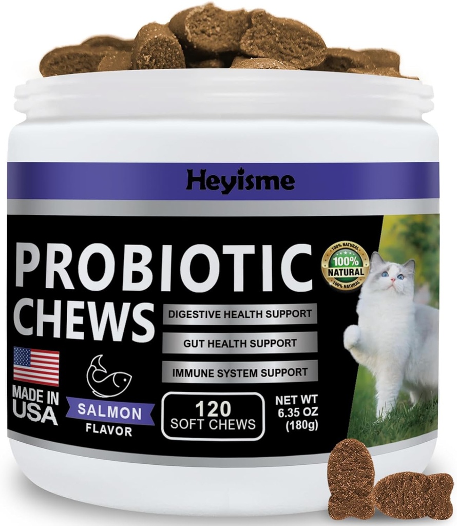 Probiotik Kucing, Mengunyah Kesehatan Gut dan Ammuniune, Dukungan Probiotik Kucing untuk Dukungan Digetical Kucing, Diffilant Sehat, Konstipation Cat dan Relief Diare (120 Pil, Salmon)