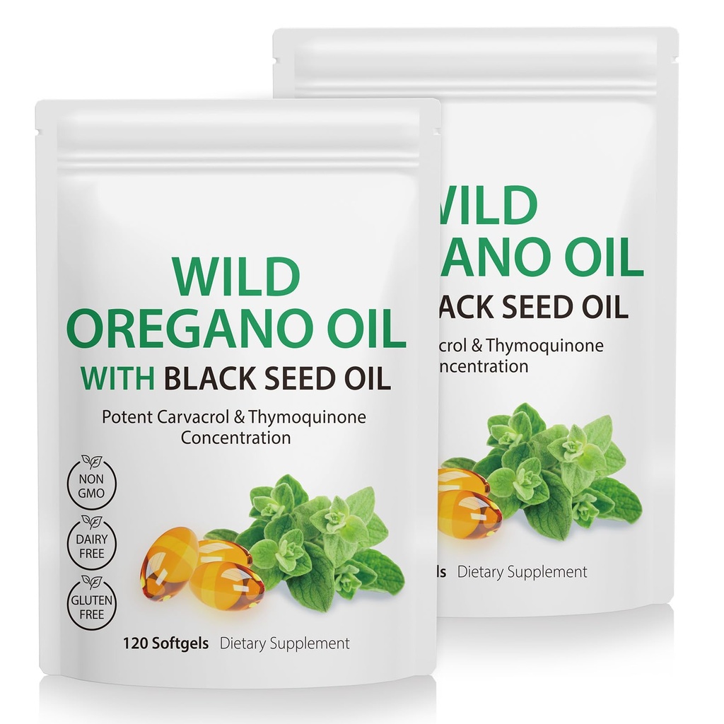 2 Pack Oil dari Oregano Softgeels, Oregano Oil Capsules, 165mg Carvacrol, 2 dalam 1 Formulated Oil Oregano dengan Minyak Benih Hitam 200mg, Oregano Persediaan Minyak Capsules