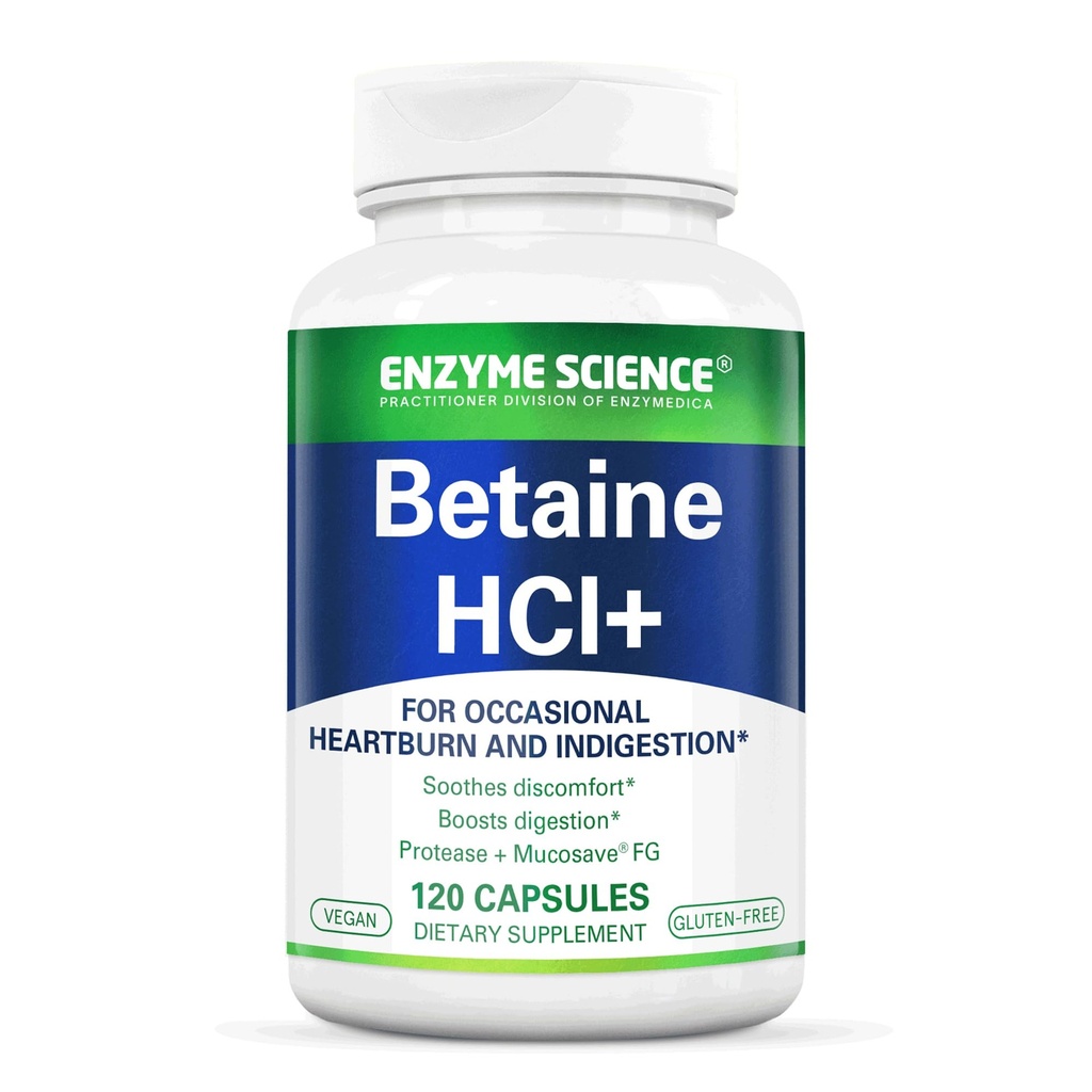 Enzyme Science Betaine HCI with Pepsin - Supplement for Low Stodach Acid - Betaine Hydrochloride Suplemen - Enzimas Digestivas - 120 Capsules