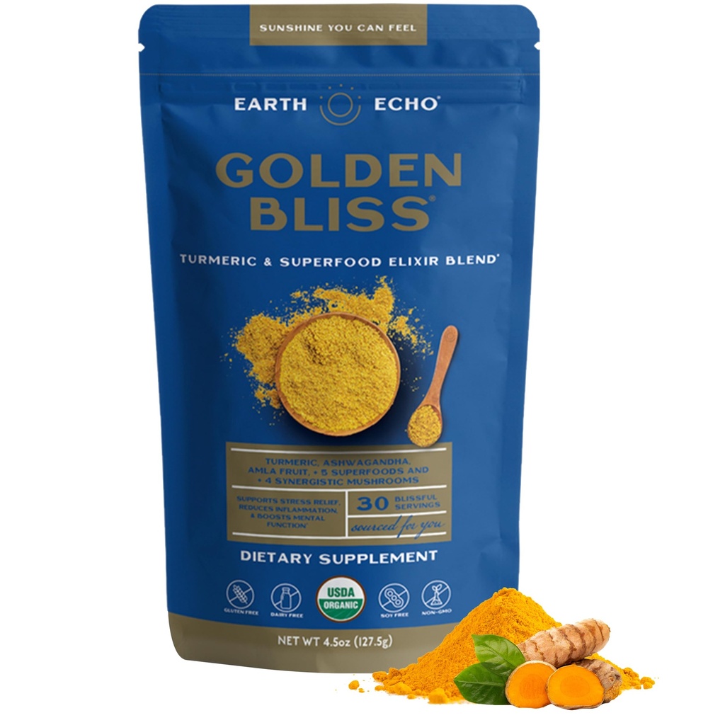 Earth Echo Golden Bliss, Turmeric Superfood Elixir Blend with Ashwagandha Root, MCT Oil dan 4 Mushroom Blend for Restful Sleep, Immune Support and Reduces Craving, Dairy- Free, 30