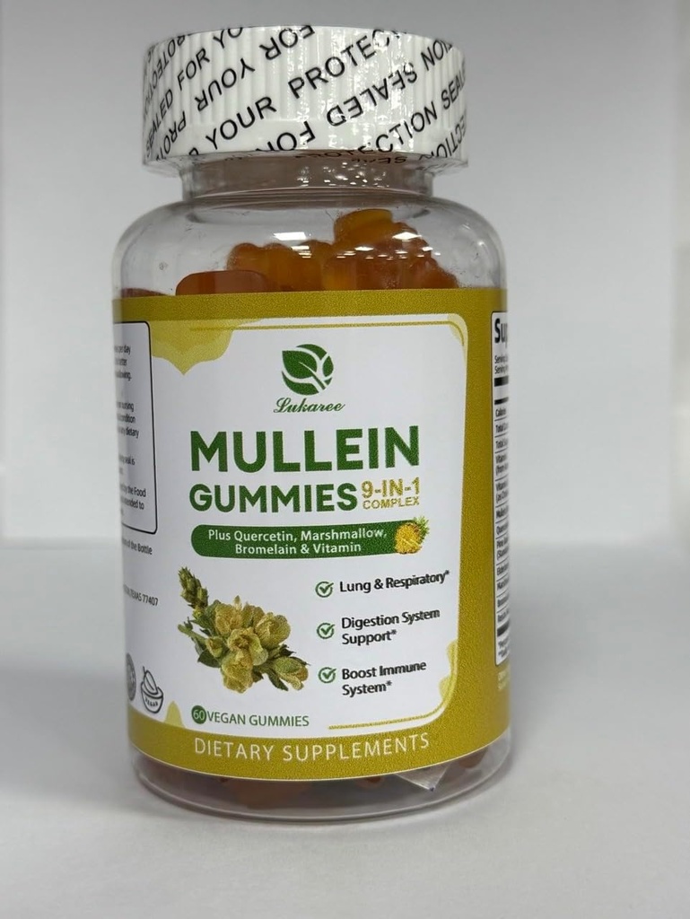 Lukaree 9 di 1 Mullein Gummies, Mulein Leaf Extract w / Quercetin, Bromelain, Elderberry & Marshmallow untuk Imune, Vegan, 60 Count
