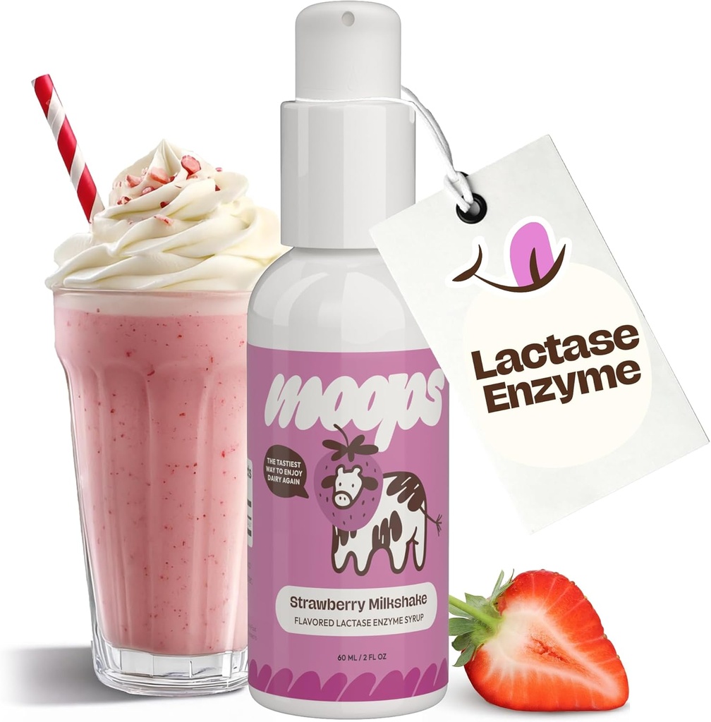 Moops Liquid Lactase Enzyme Syrup 2oz - Delicious Strawberry Milkshake Flavor - 10,000 FCC Units for Fast Acting Dairy Relief - Dose of Laktosa Intoleransi - Portable Twist-Lock Pompa