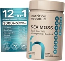 Sea Moss Suplement, Sea Moss Capsules with Black Seed Oil, Ashwagandha and Burdock Root, Multimineral Suplemen dengan Vitamin C, 60 Veggie Capsules