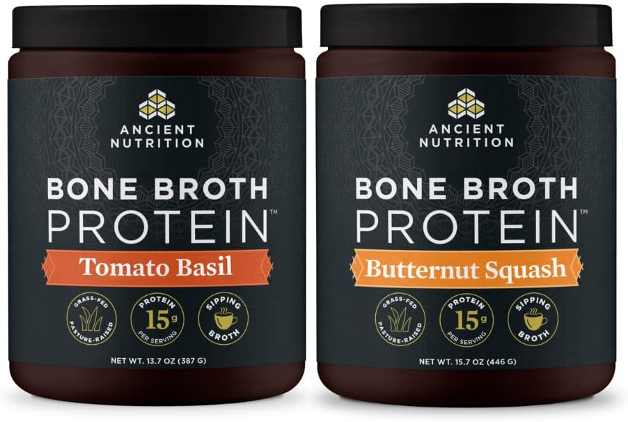 Bubuk Protein Tulang Bertulang Kuno, Tomato Basil, 15 Hamba + Bone Broth Protein Powder, Butternut Squash, 15 Hamba
