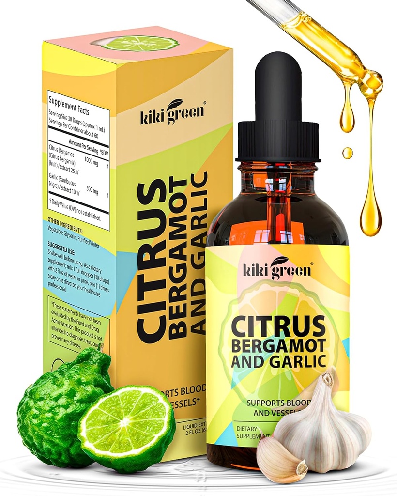 KITI Green Liquid Citrus Bergamot & Eksperimen Garlic - Citrus Bergamot Suplemen Kesehatan Jantung, Dukungan Sistem Imune dan Penuaan Tanpa Kesehatan Menghilangkan Gluten- Free Supplemen 2 Fl Oz.