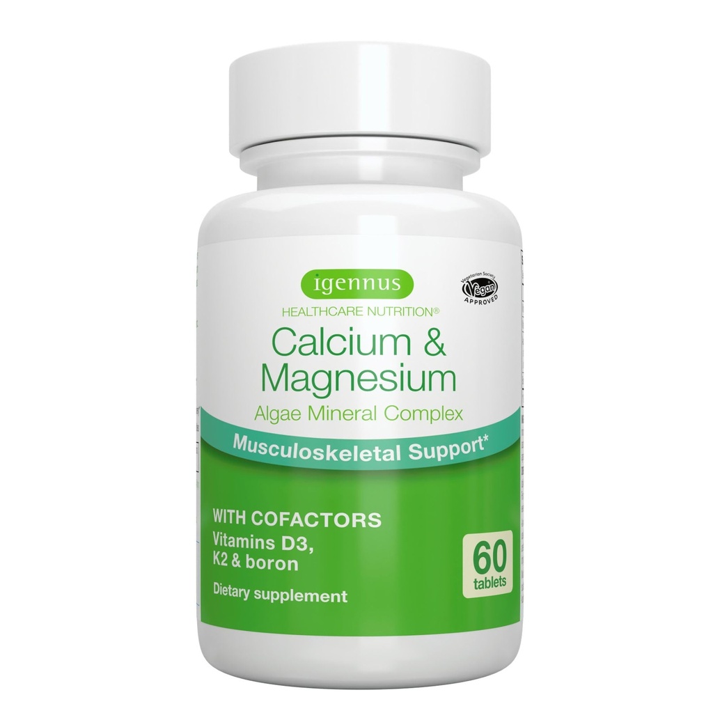 Igennus Alga Kalsium & Magnesium Suplemen, Tanaman Berdasarkan, Penyerangan Tinggi, K2 dan D3, Kompleks Alga Merah Non-GMO untuk Dukungan Tulang & Gigi, untuk Perempuan dan Pria, dengan Boron, Vegan, 60 Tablet