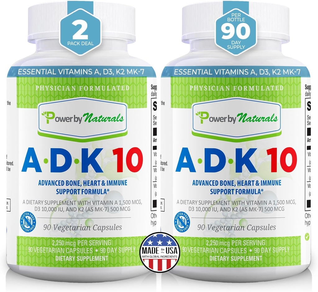 Power By Averbal ADK Vitamin Superiment - ADK 10 High Potency with Vitamin A, D3 10.000 IU & K2 MK7 for Superior Heart, Imune & Bone Health Dupport - 90 Capsules, 2 Pack (6-Month Supply)