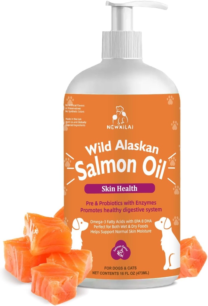 Minyak Salmon liar Alaska untuk Anjing & Kucing, Omega-3 Tambahan Minyak Ikan dengan EPA & DHA, Dukung Kesehatan Skin, Coat Shiny, Relief Gabungan & Allergy - Pompa Botol 16oz