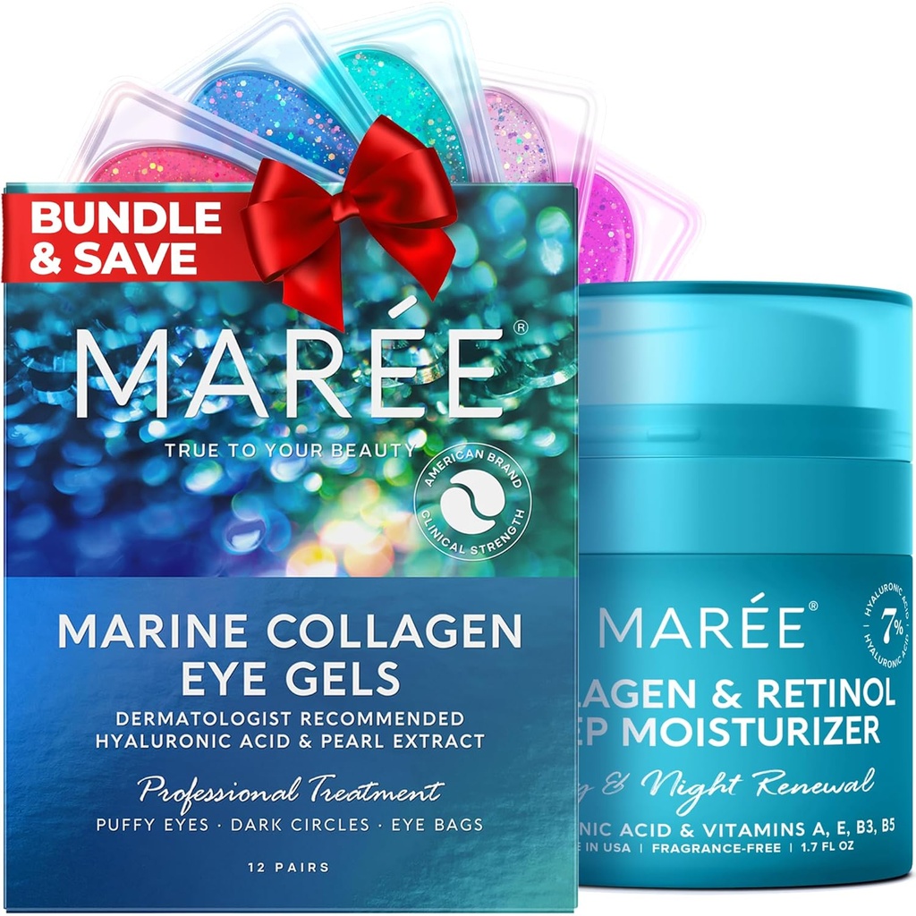 MAREE Eye Gels & Collagen Moisturizer Face Cream Bundle - Under Eye Gels for Puffy Eyes and Dark Circles, Anti Aging Face Cream with Hydrating Effect - Marine Colluren & Hyaluronic Acid, Retinol